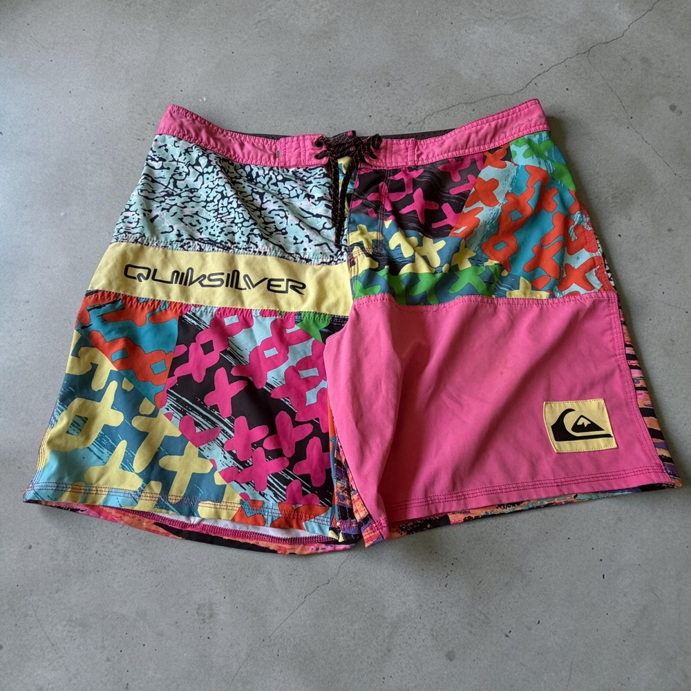 Quiksilver Mens Board Shorts Size 36 Patchwork Neon Pink Multi Color Swim Trunks